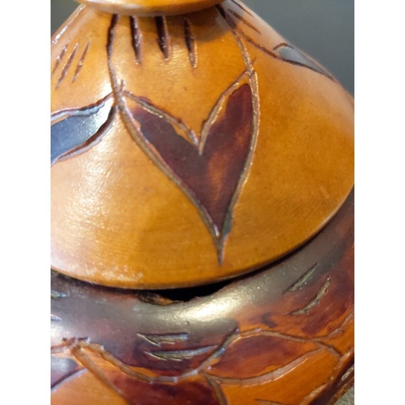 Wood Unique Hand Carved Floral Wooden Bowl w/ Lid 7.5"H x 6.5"L Urn Trinket - Picture 10 of 10